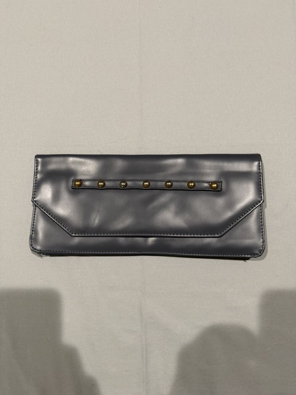 CHI Elite Women’s Gray Silver Envelope Clutch Wallet Purse Gold Studded Snap